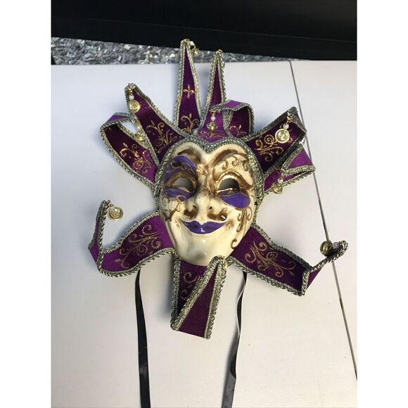 Mask Jester Gold Purple Carnival Tie Back Adjustable Wall Mounting paper Mache - Picture 2 of 7